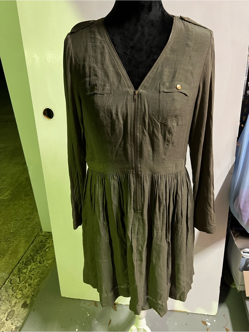 ANTHROPOLOGY Olive Green Long Sleeve V-Neck Women’s Dress